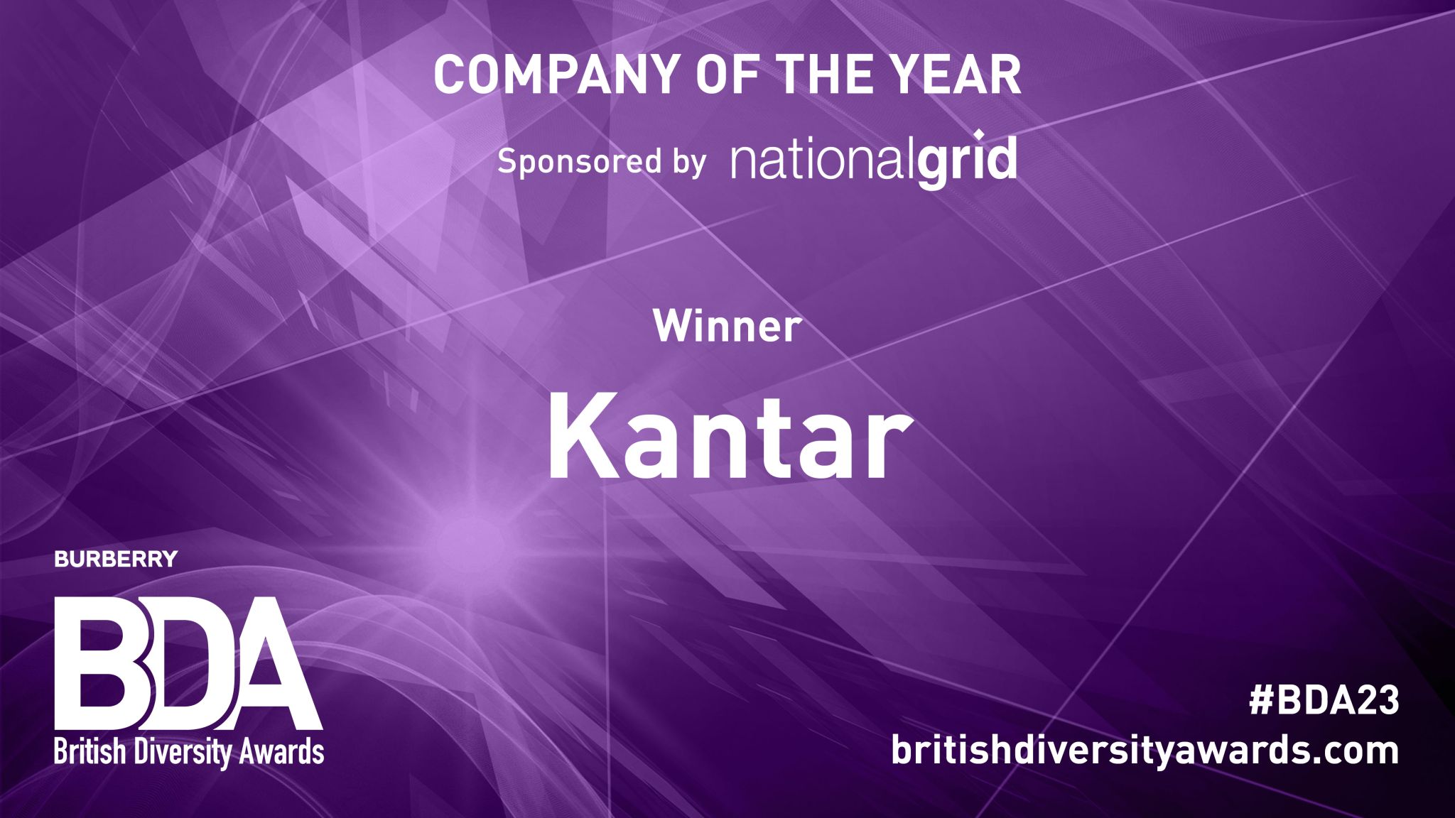 Purple background, white text, announcing Kantar as the winner of the Company of the Year award 2023 at the British Diversity Awards, sponsored by National Grid.